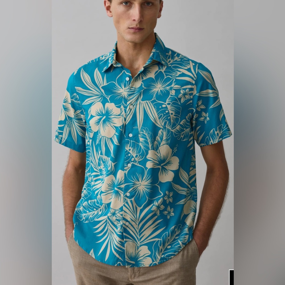 NWT Piombo Short Sleeve Blue Button Down Hawaiian Shirt Hibiscus Design - XXL